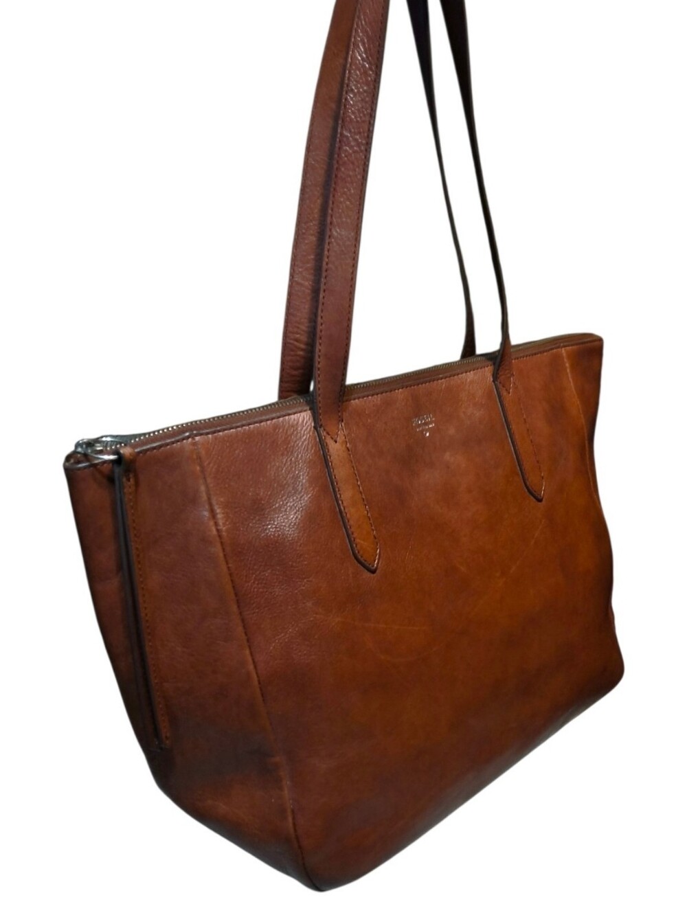 Fossil Sydney Shopper Tote Cognac Brown Leather Zip Top Carryall Pocket Organize - Picture 2 of 9